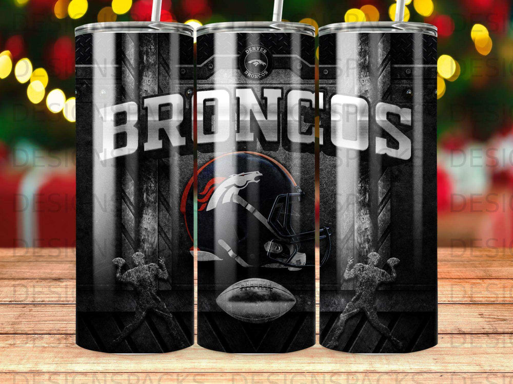 Denver Broncos helmet and football on a patterned background.