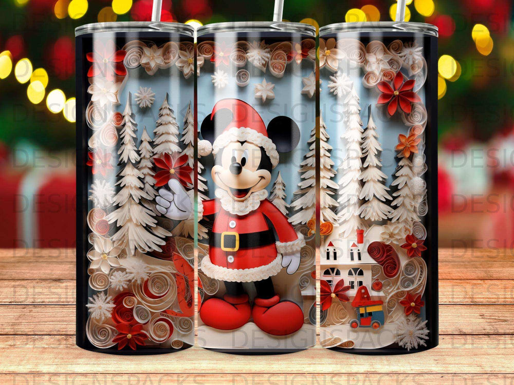 Mickey Mouse in Santa costume surrounded by a winter village scene.