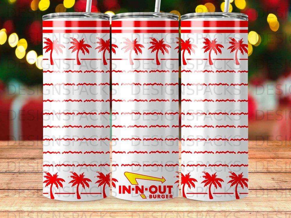 In-N-Out Burger tumbler with red and white wavy pattern and palm trees.