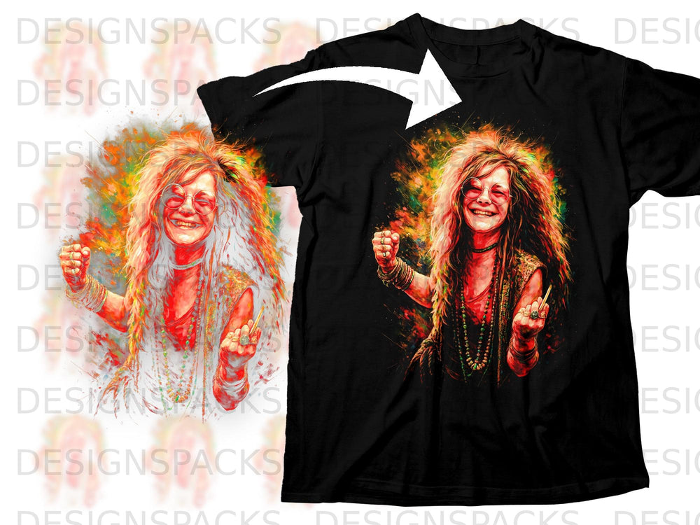 Black t-shirt with a watercolor-style graphic of Janis Joplin wearing sunglasses and jewelry.