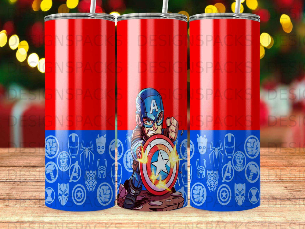 Superhero with Captain America shield on a red, white, and blue tumbler.