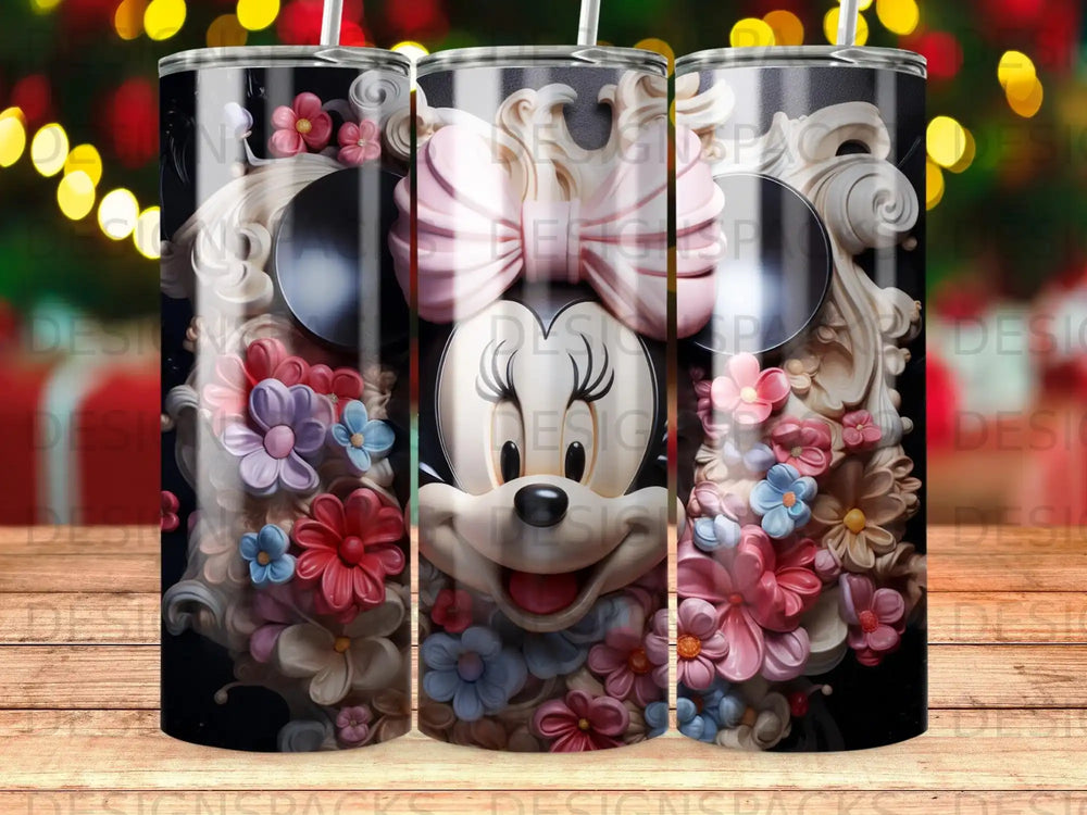 Minnie Mouse with floral accents and a pink bow on a black striped tumbler.