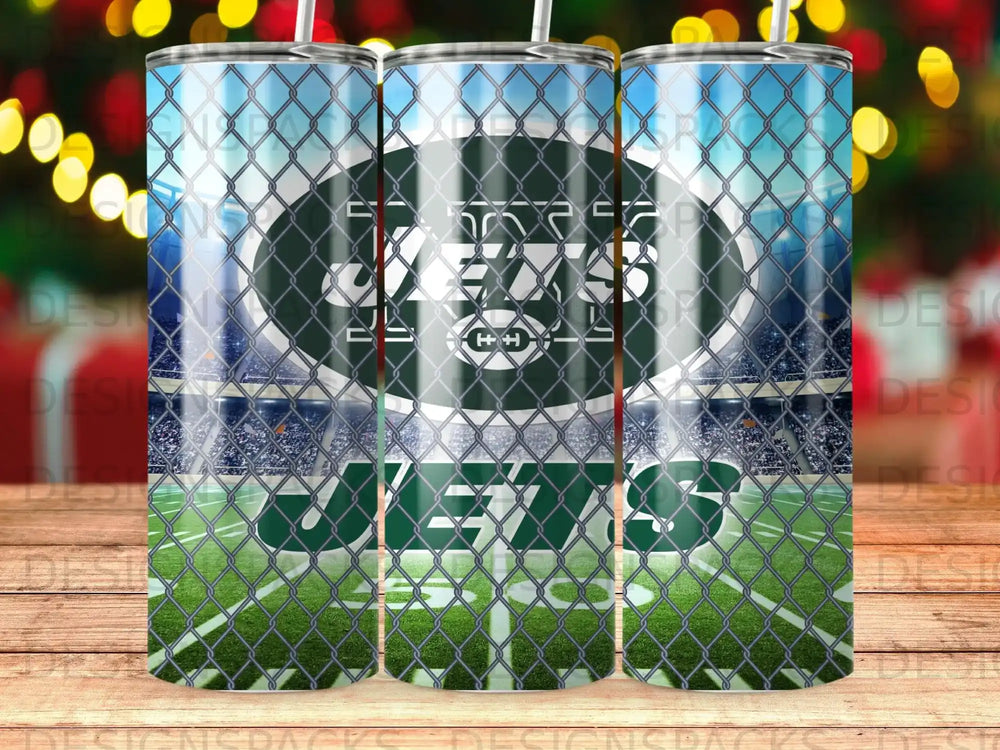 New York Jets logo and team name on a tumbler with stadium background.
