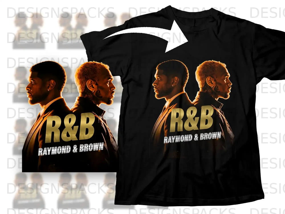 Black t-shirt with "R&B RAYMOND & BROWN" printed in yellow and white.