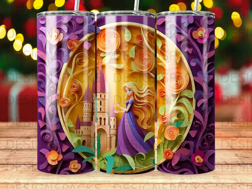 Fairytale castle with woman and floral design on purple tumbler.