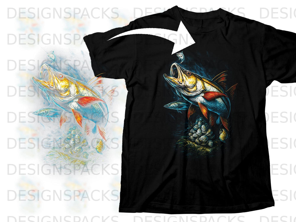 Black t-shirt with a graphic of a bass fish lunging at bait near mussels.