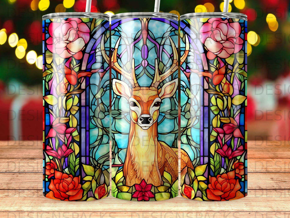 Deer in stained glass frame with floral accents.