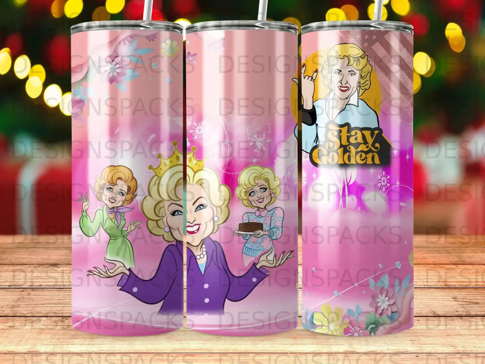 Tumbler featuring Betty White in a purple dress with "Stay Golden" text.
