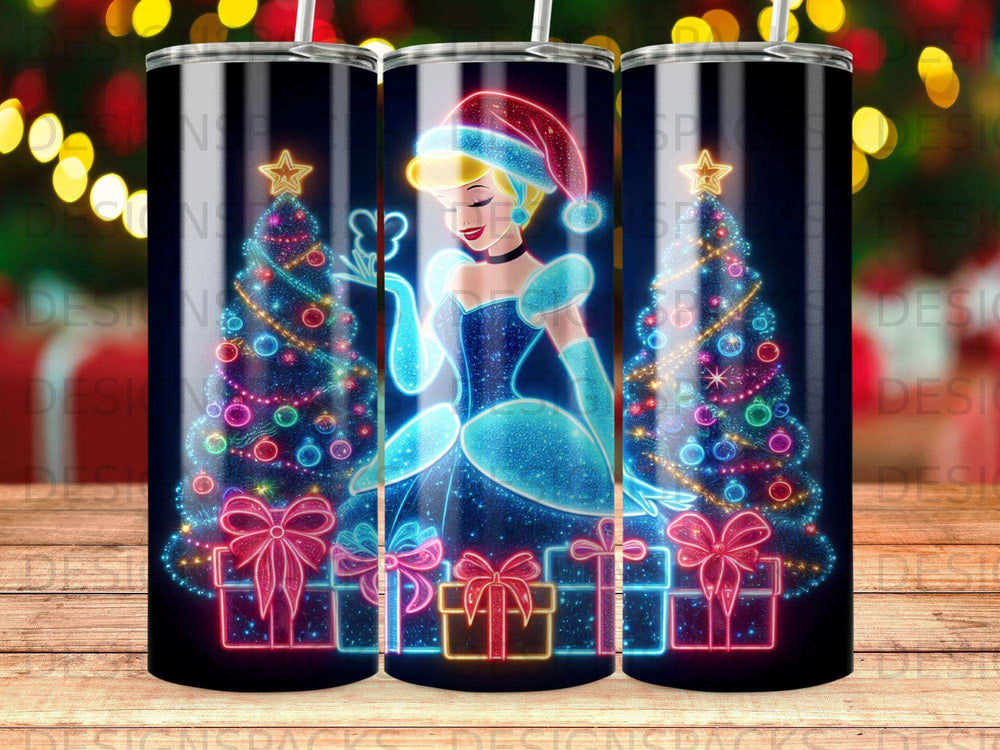 Cinderella in a blue dress and Santa hat near decorated Christmas trees and presents.