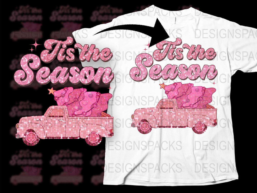 Holiday T-Shirt Pink Truck Tis the Season Starry Design Festive Winter Apparel Christmas Gift Idea Unisex Tee Graphic