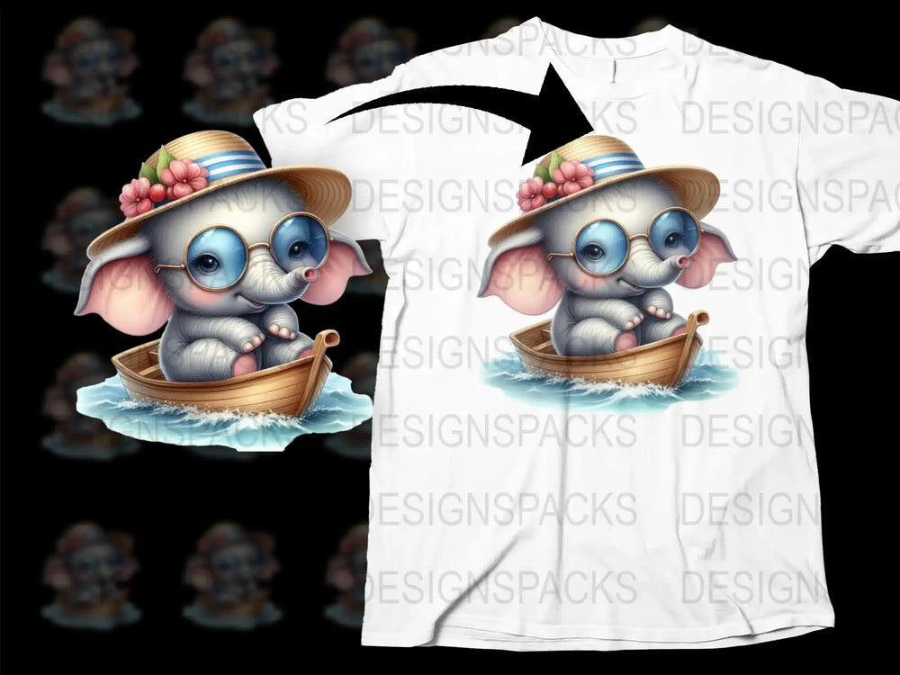Cute Elephant in Boat T-Shirt, Cartoon Animal Graphic Tee, Kids and Adults Size Available