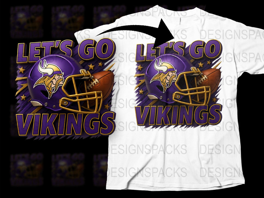Let's Go Vikings Football Fan T-Shirt, Purple and Gold Sports Tee, Graphic Viking Helmet Design Shirt for Game Day
