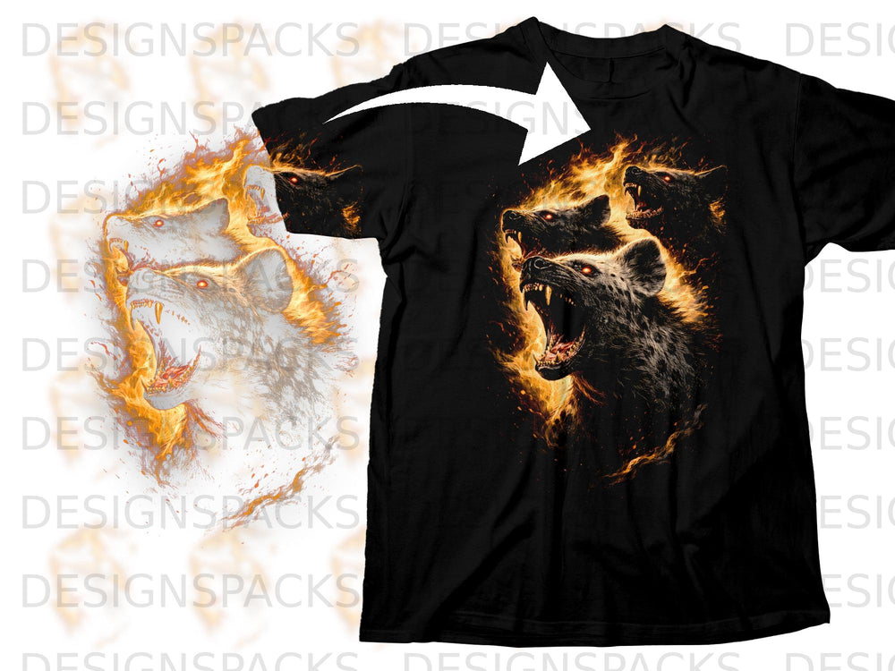 Black t-shirt with a print of three hyenas in flames and smoke.