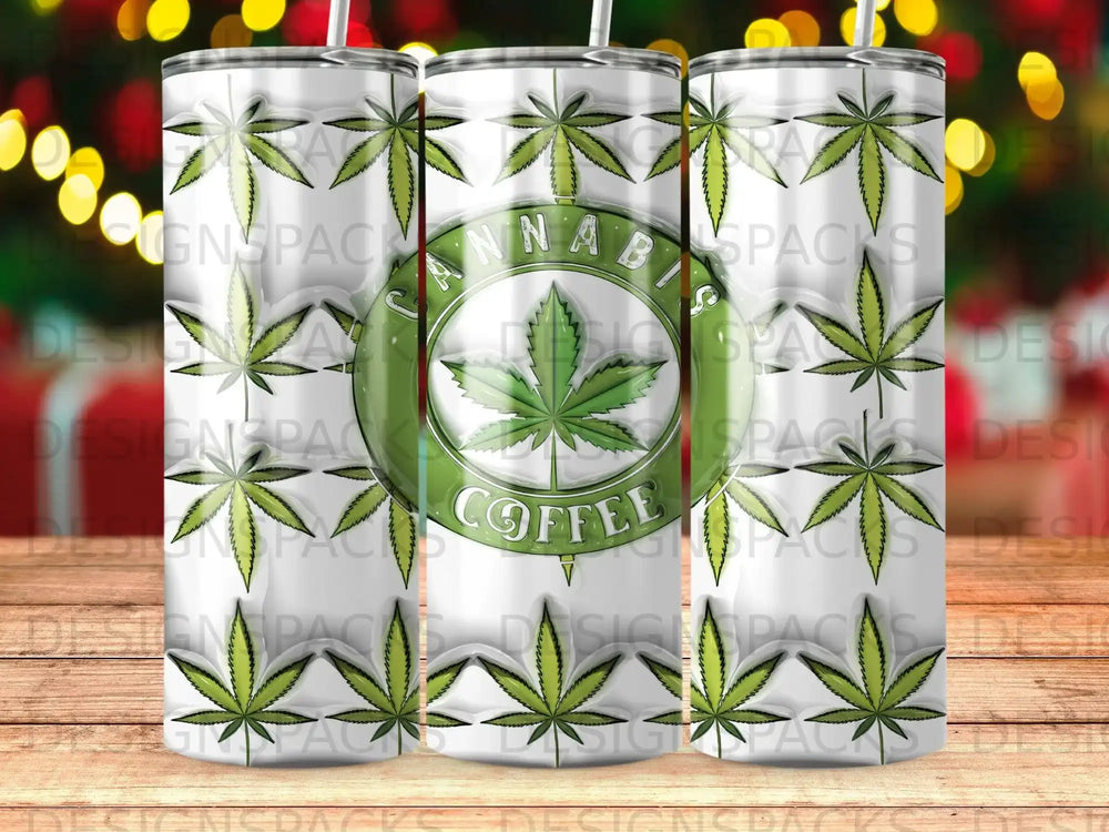 Cannabis leaf pattern on a tumbler with "Cannabis Coffee" text.