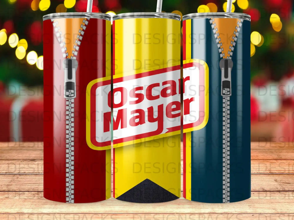 Three tumblers featuring the Oscar Mayer logo and zipper designs.