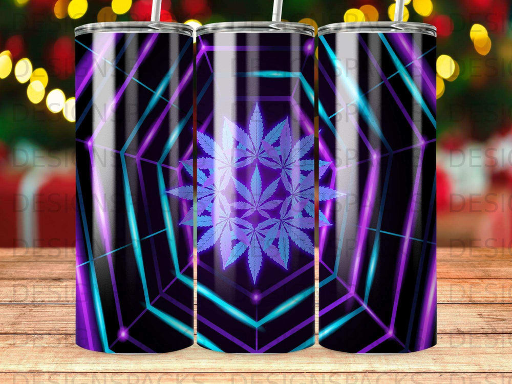 Tumbler with purple cannabis leaf and geometric neon lines.