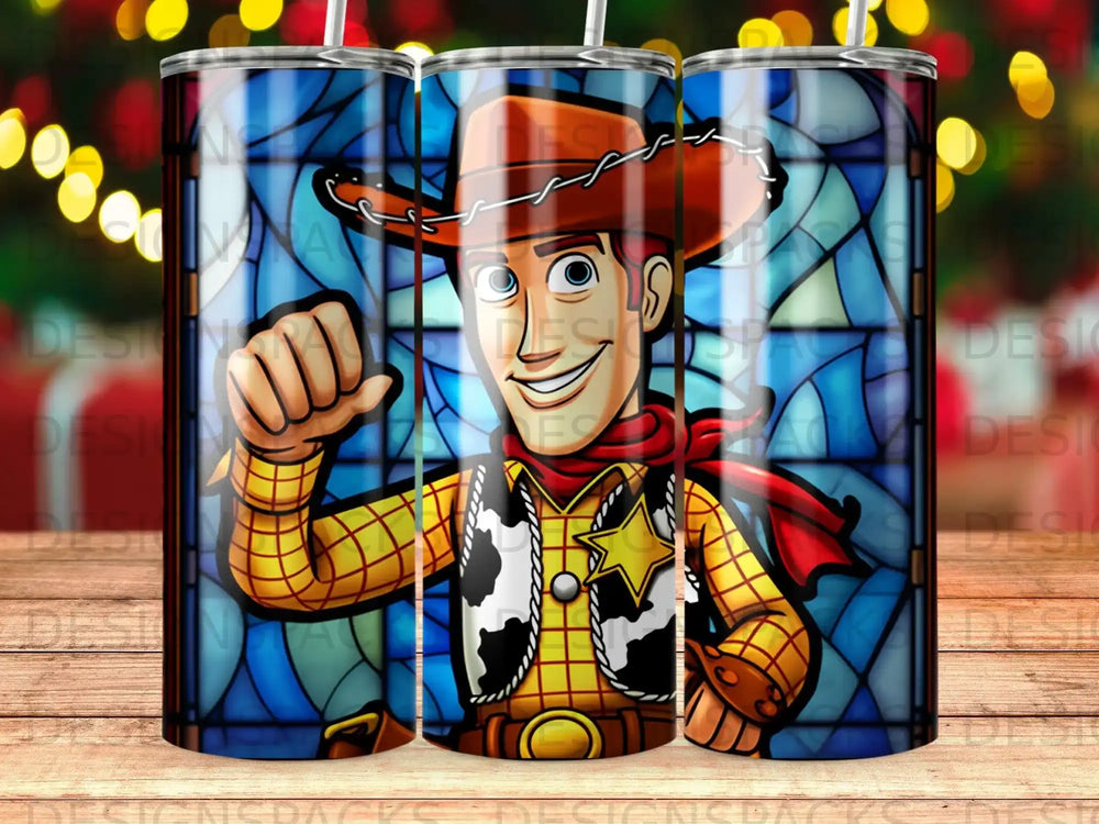 Woody from Toy Story in stained glass style, clenched fist raised.