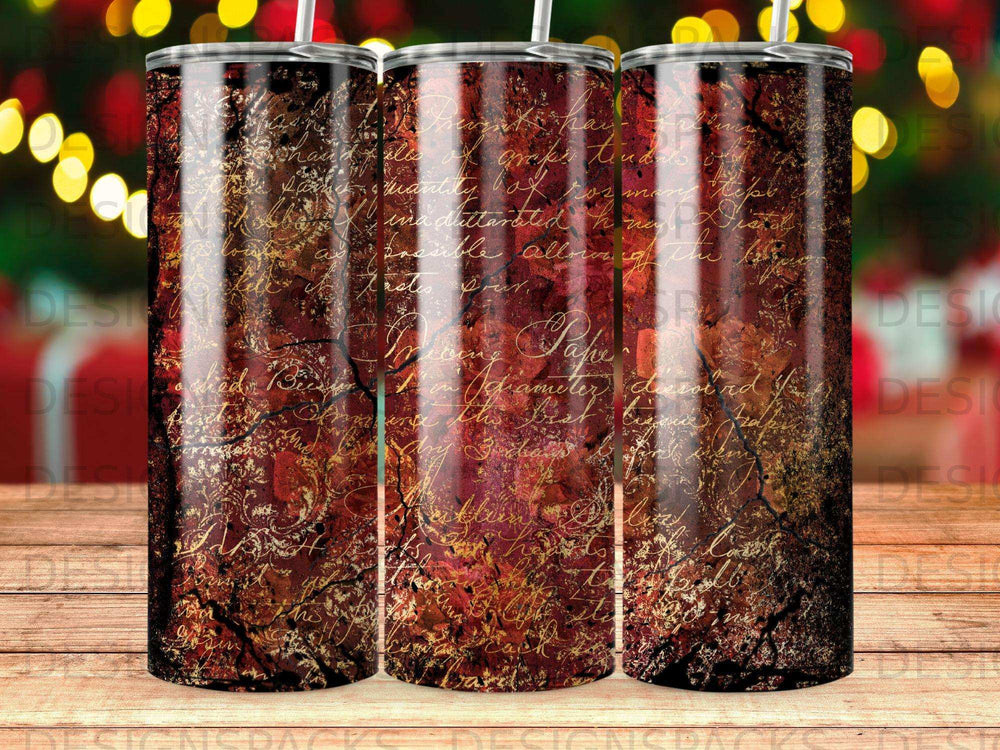 Tumbler with vintage script pattern and dark rustic texture.