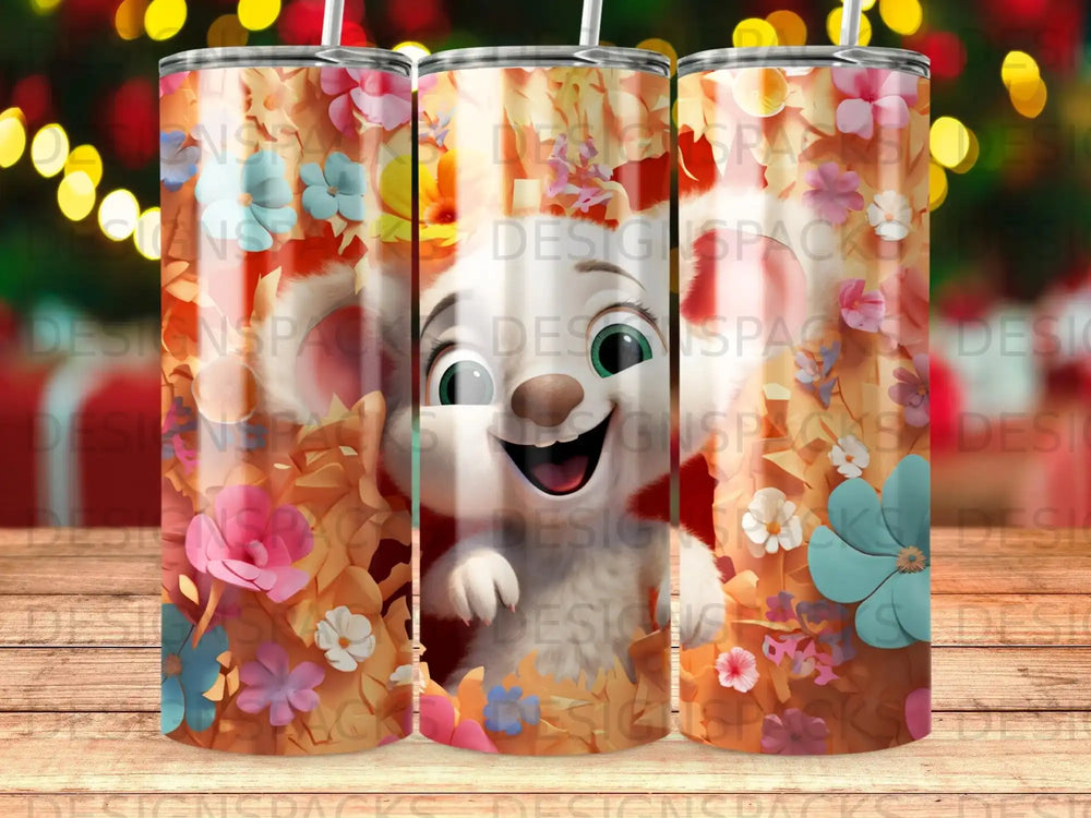 Tumbler with cartoon character surrounded by colorful flowers and leaves.