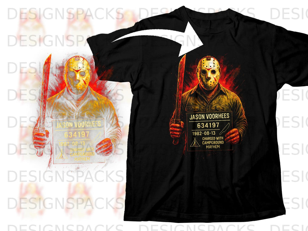 Jason Voorhees mugshot with machete on black t-shirt.