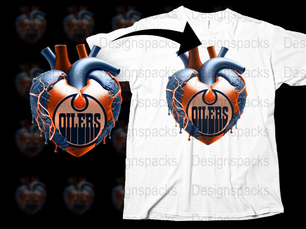 Oilers Themed Heart Graphic T-Shirt, Unique Sports Team Apparel, Orange and Blue Design