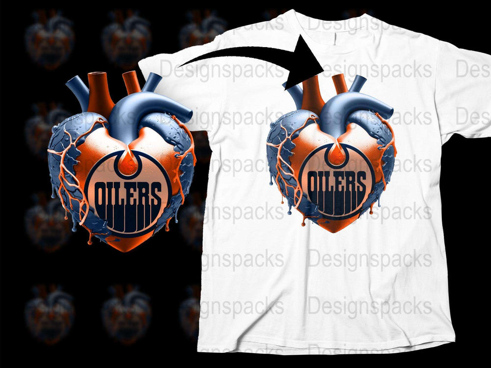 Oilers Themed Heart Graphic T-Shirt, Unique Sports Team Apparel, Orange and Blue Design