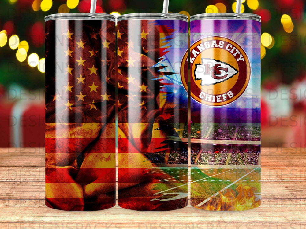 Kansas City Chiefs logo on American flag pattern tumbler.
