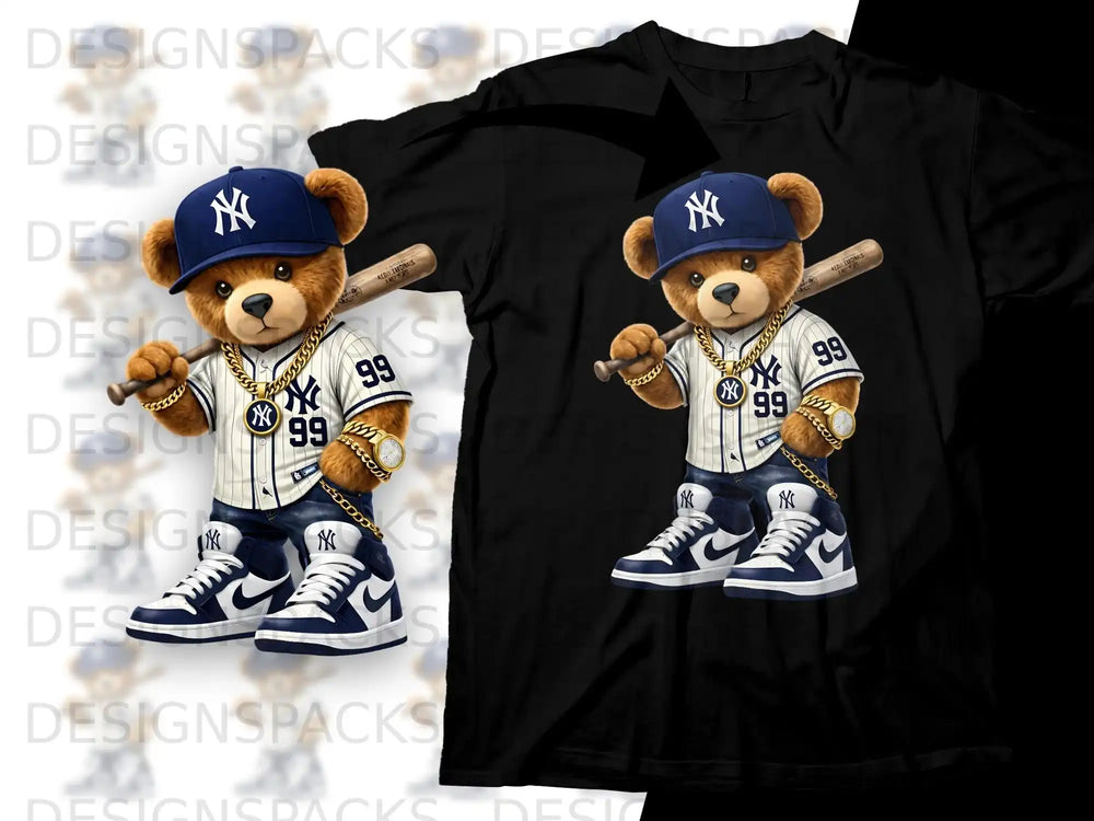 Bear mascot in baseball uniform and cap holding a bat, wearing jewelry.
