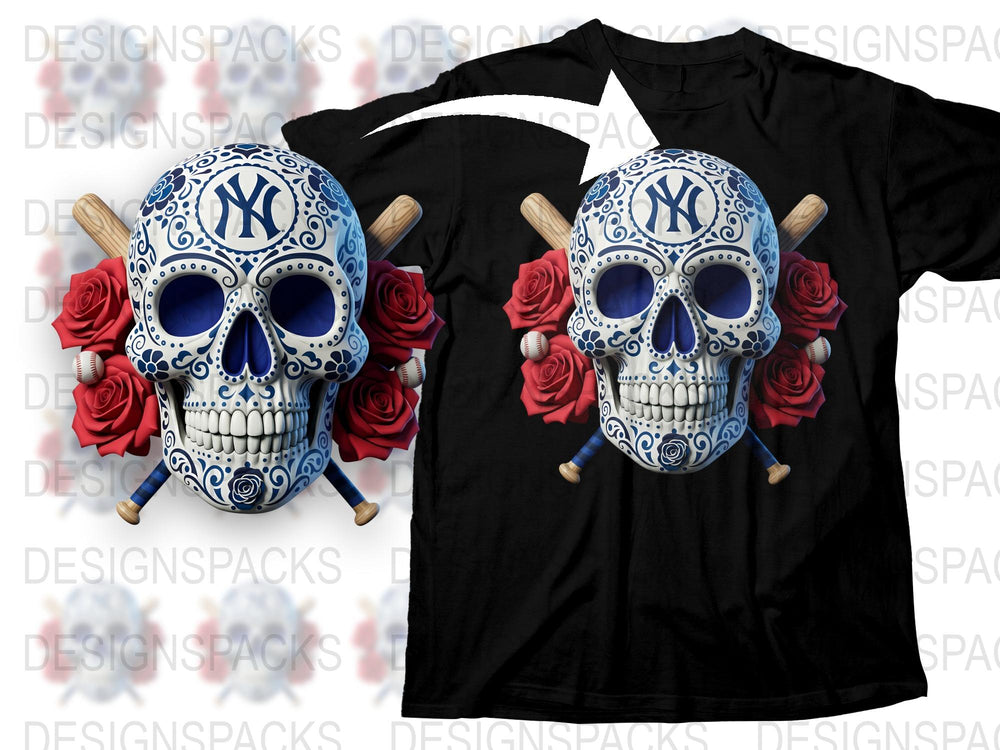 Sugar Skull T-Shirt, NY Logo, Crossed Baseball Bats, Red Roses, Gothic Fashion, Unisex Graphic Tee