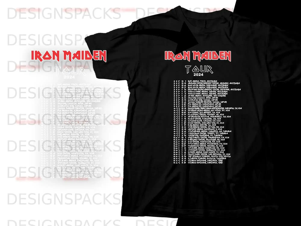Iron Maiden 2024 Tour shirt with dates in Australia, Japan, USA, and Mexico.