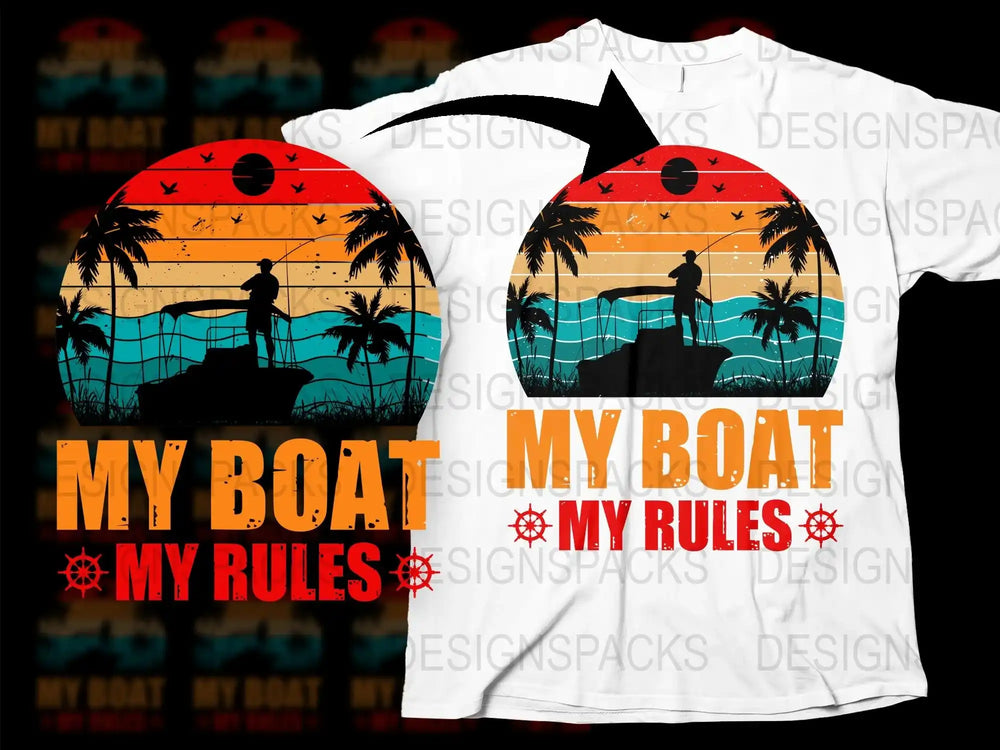 My Boat My Rules T-Shirt Sunset Fishing Graphic Tee Ocean Lover Gift Casual Summer Top Unisex Beach Wear