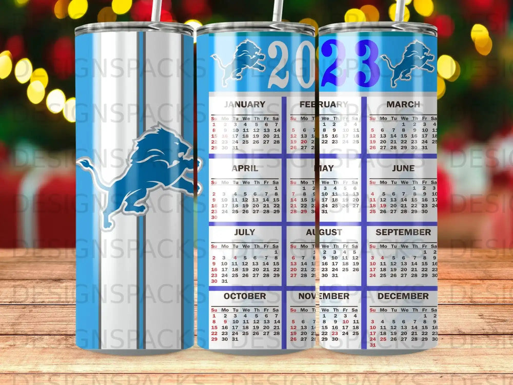 Detroit Lions logo on a 2023 calendar tumbler with months and days.