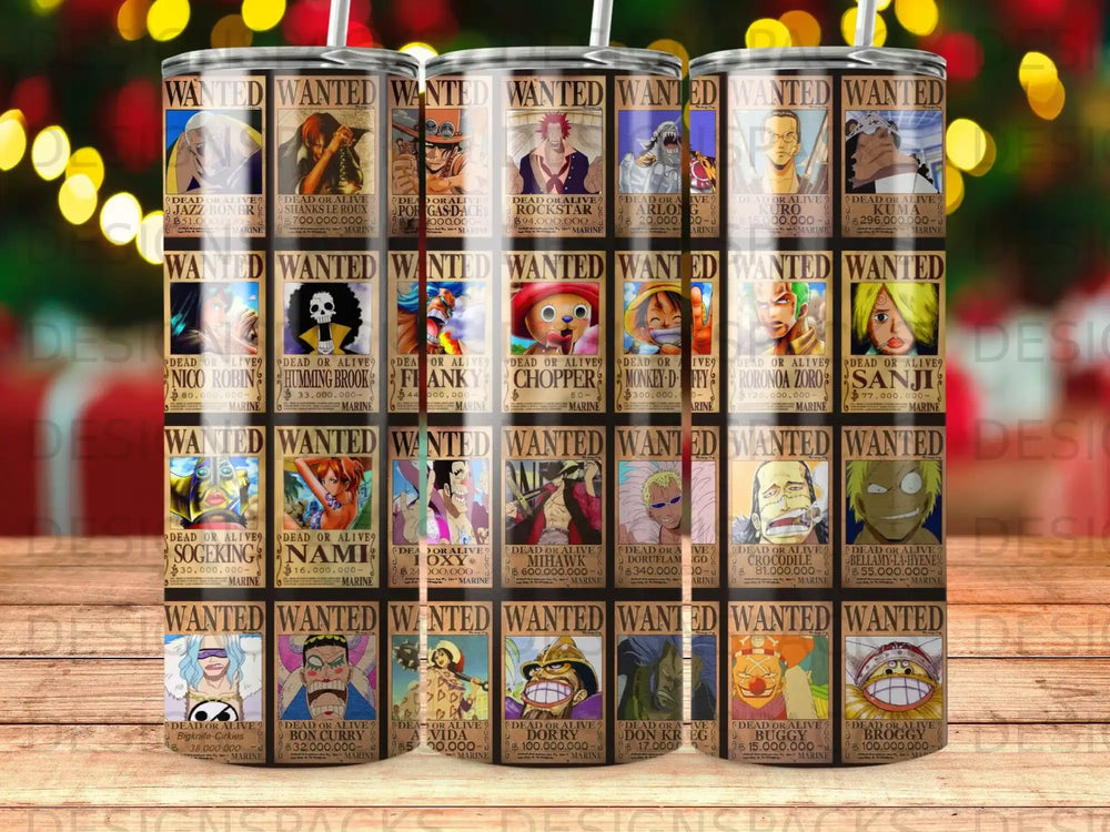 One Piece wanted posters featuring various characters and their bounties.