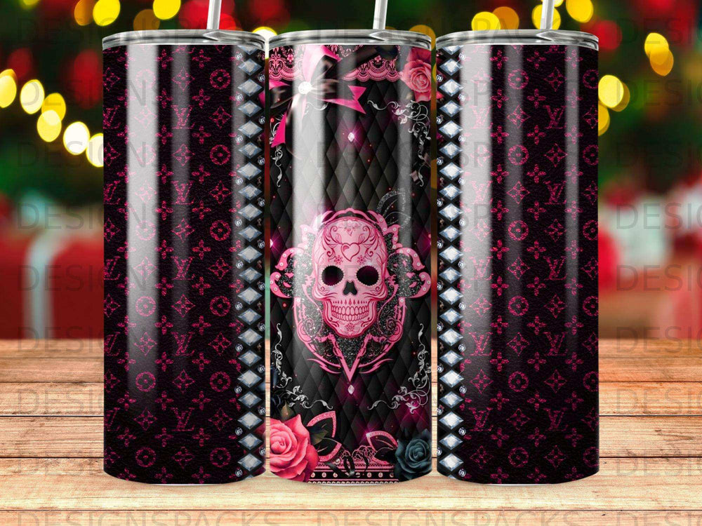 Black tumbler with pink skull, roses, and LV-inspired pattern.