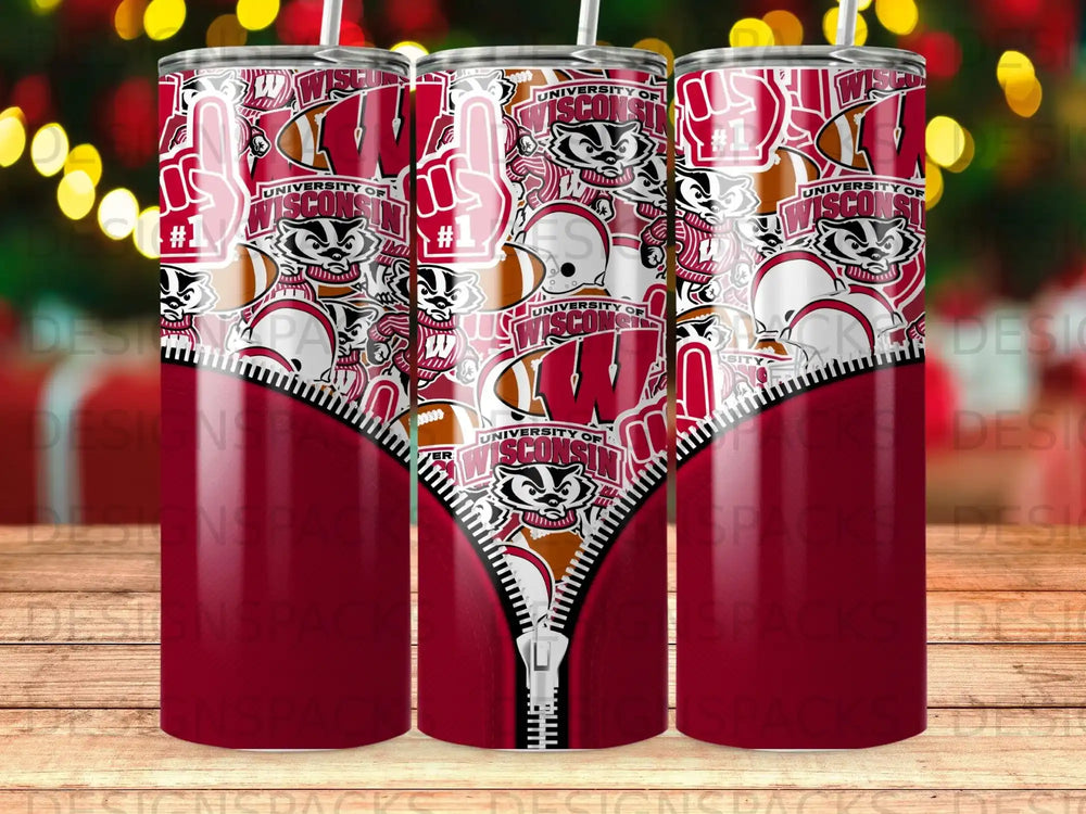 University of Wisconsin Badgers tumbler with zippers and foam fingers design.