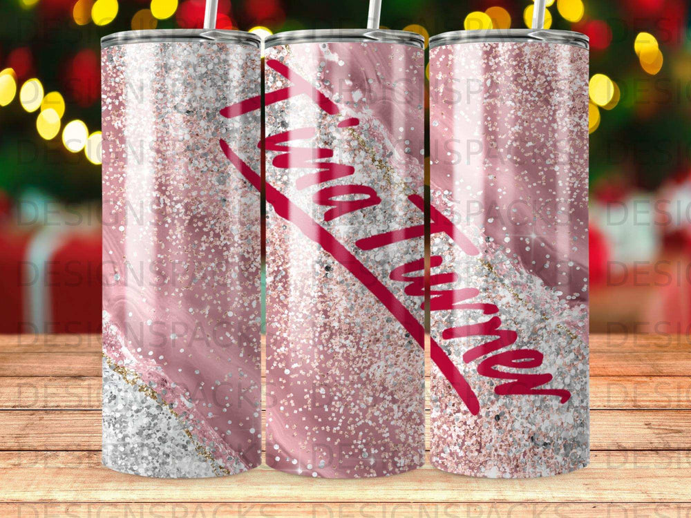 Glitter tumbler with "Tina Turner" written in red script.