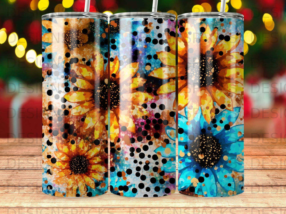 Three tumblers with a colorful sunflower and glitter pattern.
