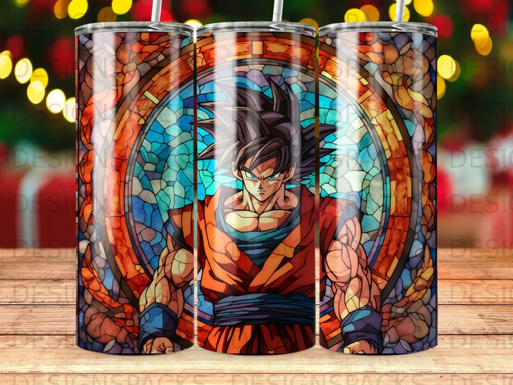 Goku in stained glass art style on a tumbler with bokeh lights background.