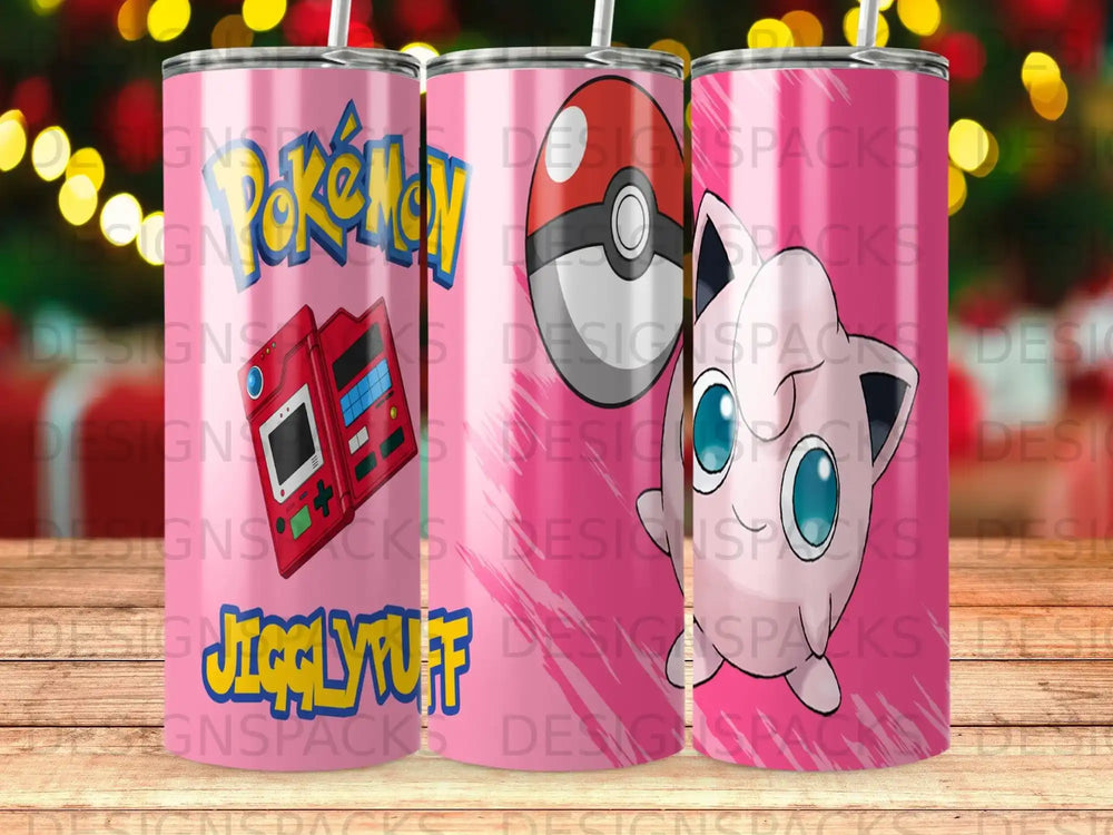 Pink tumbler with Pokémon characters Jigglypuff and Poké Ball.