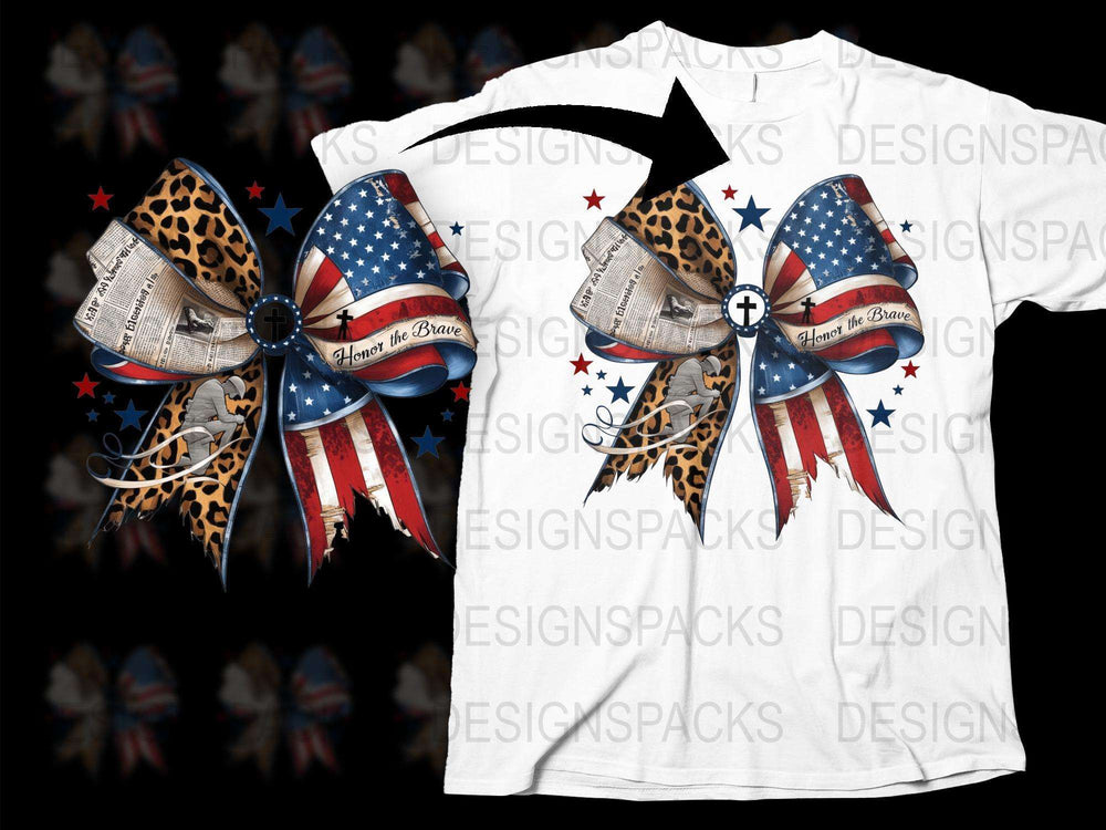 Patriotic Bow and T-Shirt Set, American Flag Print, Leopard Detail, Home of the Brave Design