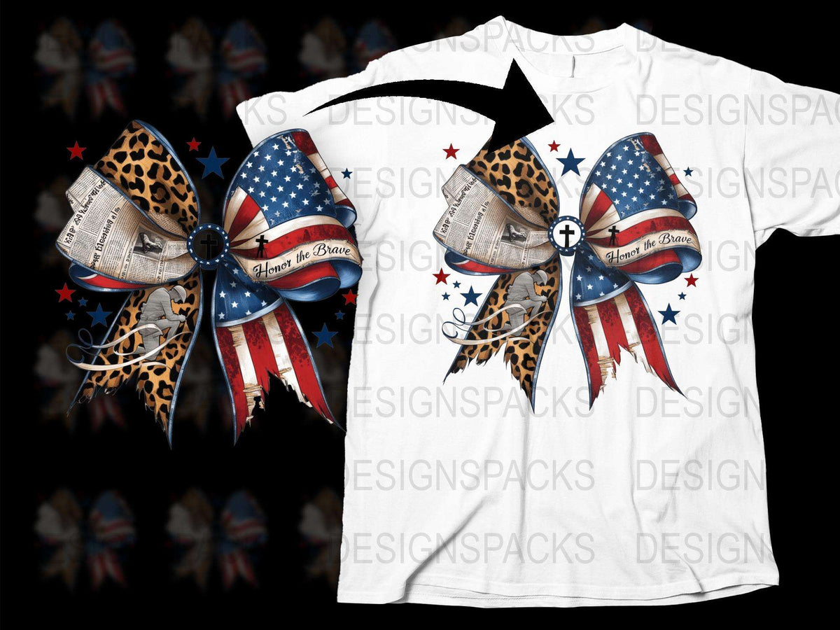 Patriotic Bow and T-Shirt Set, American Flag Print, Leopard Detail, Home of the Brave Design