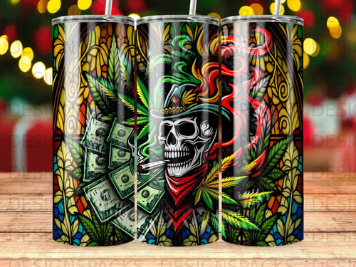 Skull with cowboy hat and bandana smoking, surrounded by marijuana leaves and stained glass.