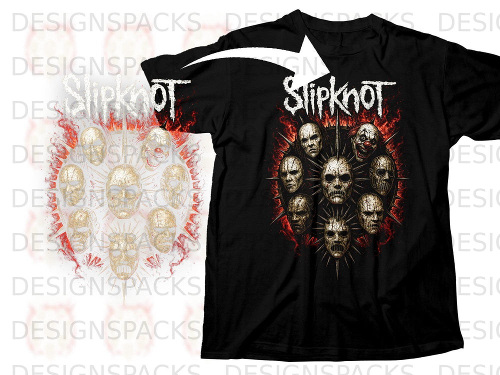 Black t-shirt with a Slipknot logo and multiple masks on a fiery background.