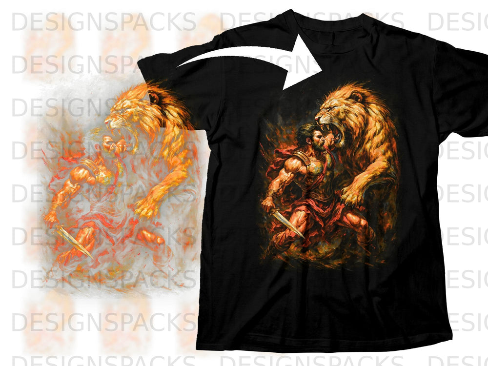 Lion and muscular man with sword in fiery scene, printed on black t-shirt.