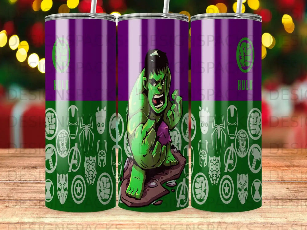 Hulk in cartoon style on a green rocky outcrop, on a purple tumbler.