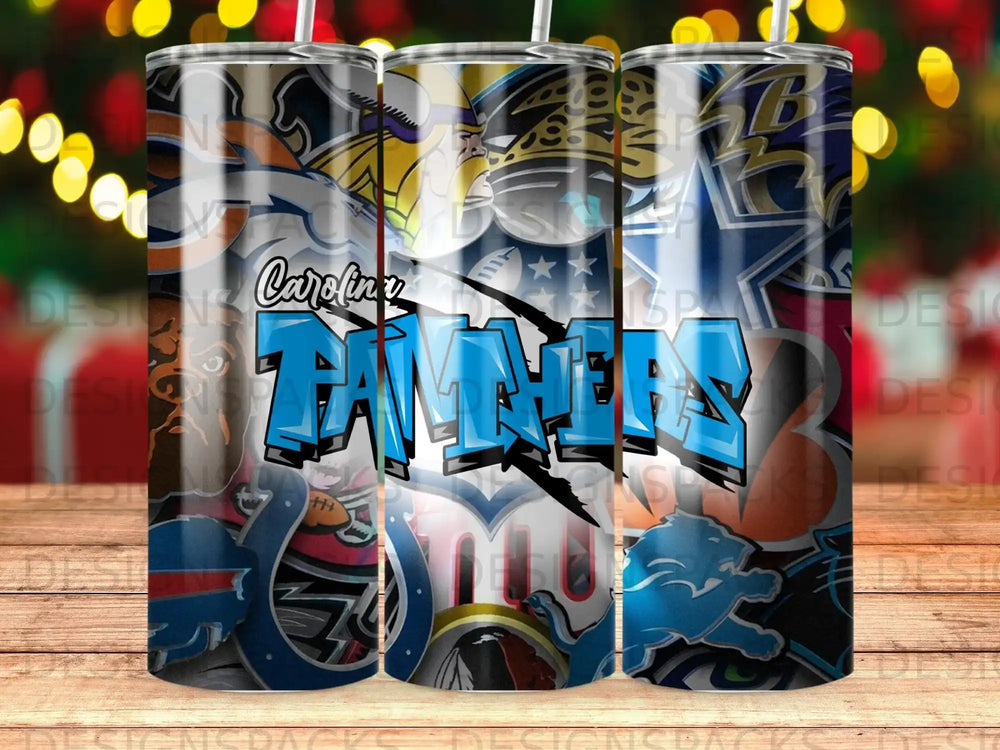 Carolina Panthers graffiti logo on a tumbler with blurred bokeh background.