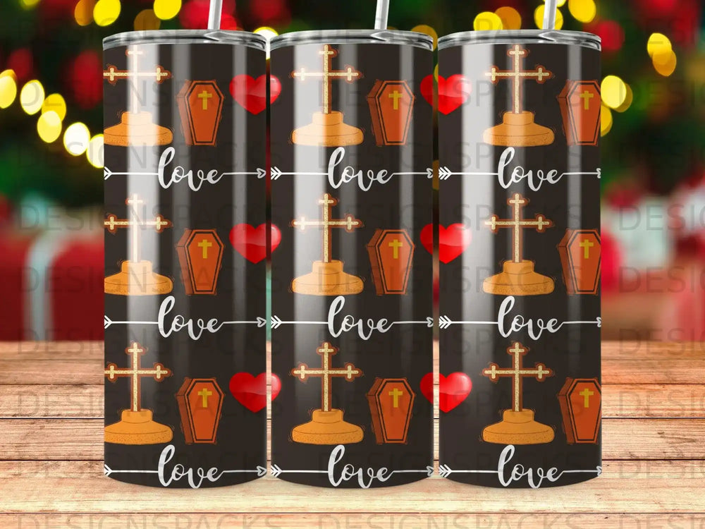Tumbler wrap with crosses, hearts, coffins, and "love" text.