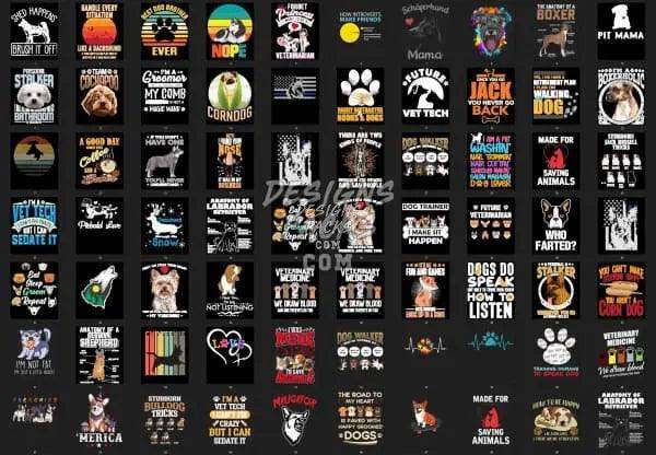 Print-ready dog-themed DTF/DTG designs bundle with funny quotes, vet graphics, and paw prints for t-shirts