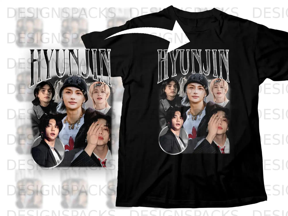 Black t-shirt with collaged images of Hyunjin and "HYUNJIN" text.