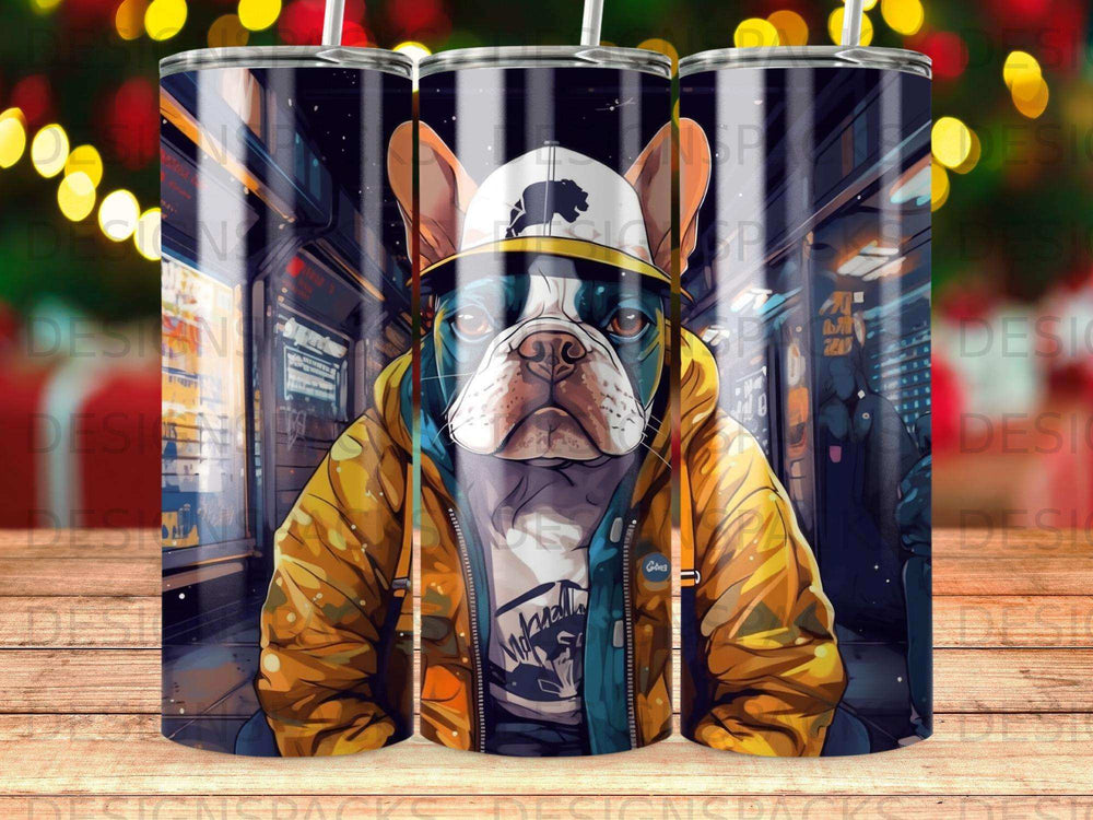 French bulldog wearing a yellow hoodie and baseball cap in a subway car.